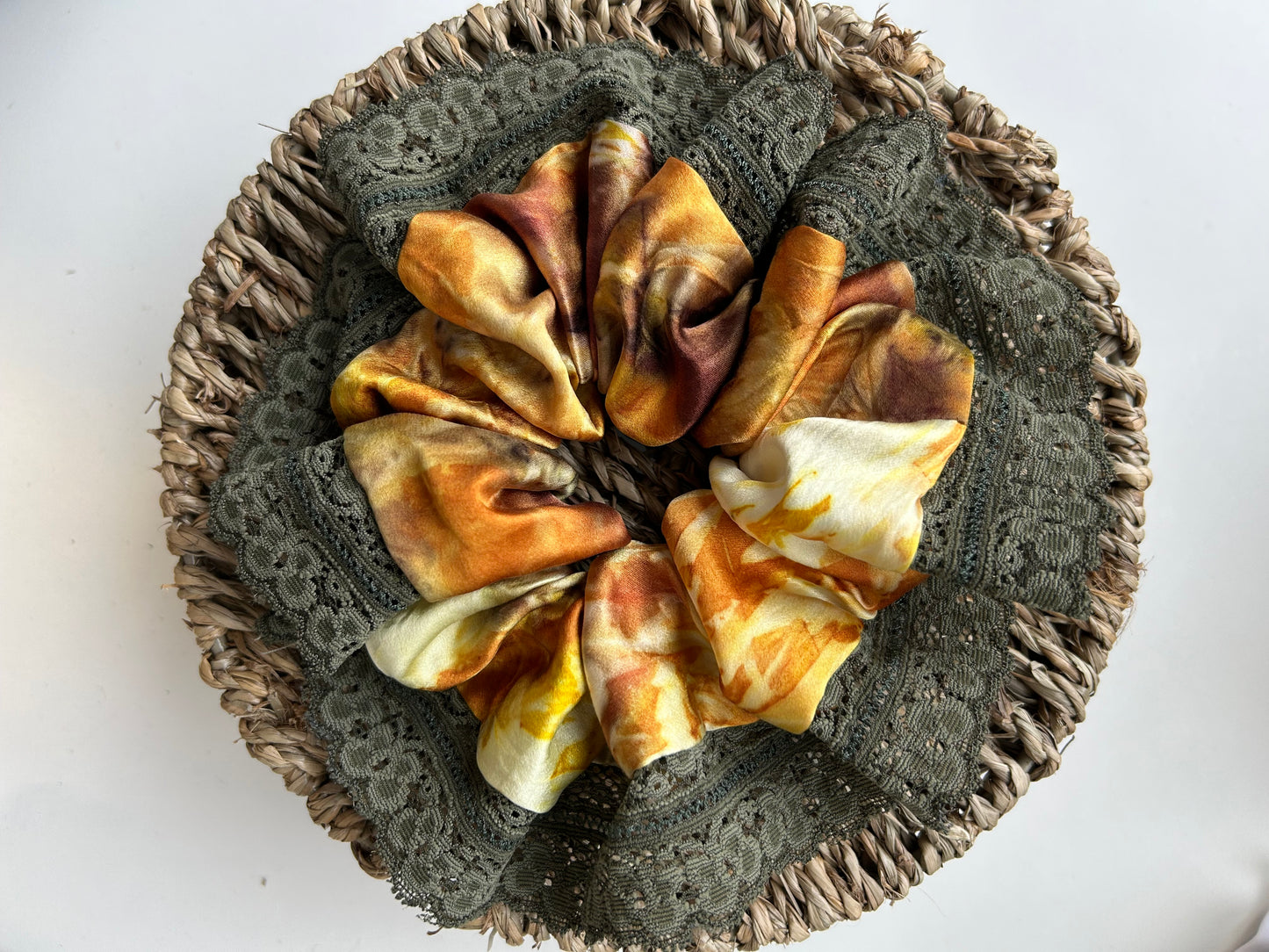 Large Naturally dyed LACE scrunchie - onions skins