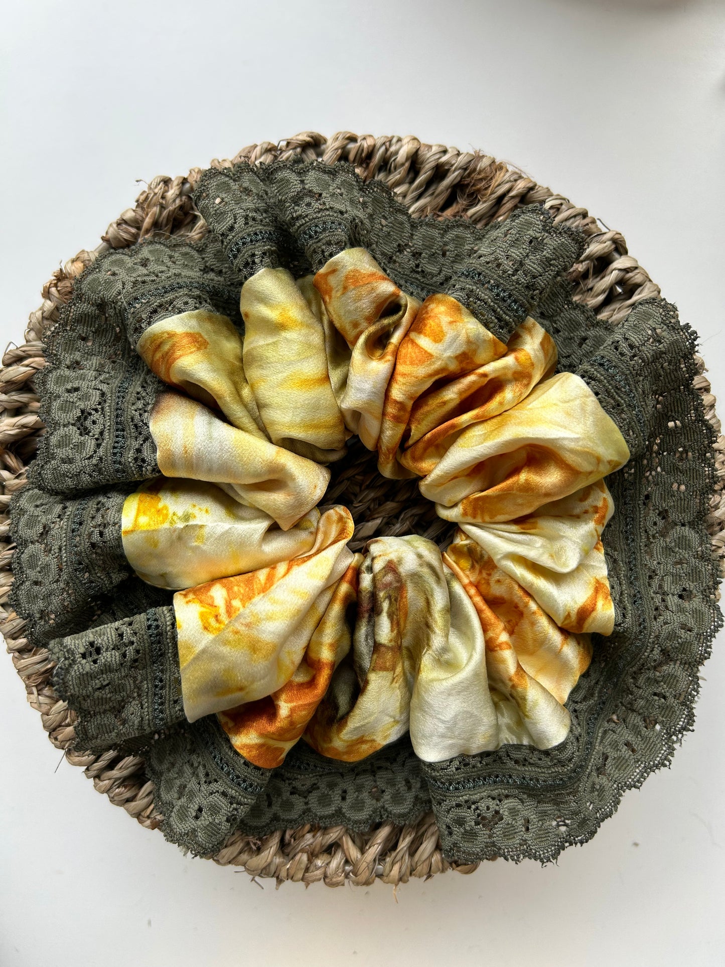Large Naturally dyed LACE scrunchie - onions skins