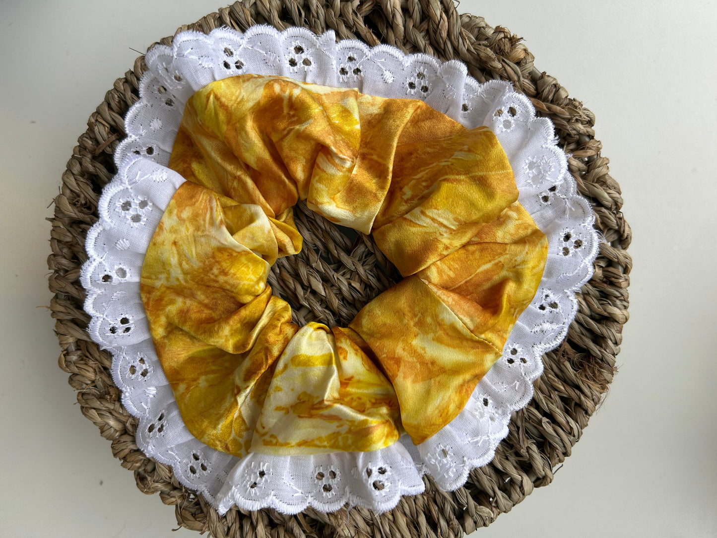 Large Naturally dyed LACE scrunchie - onions skins